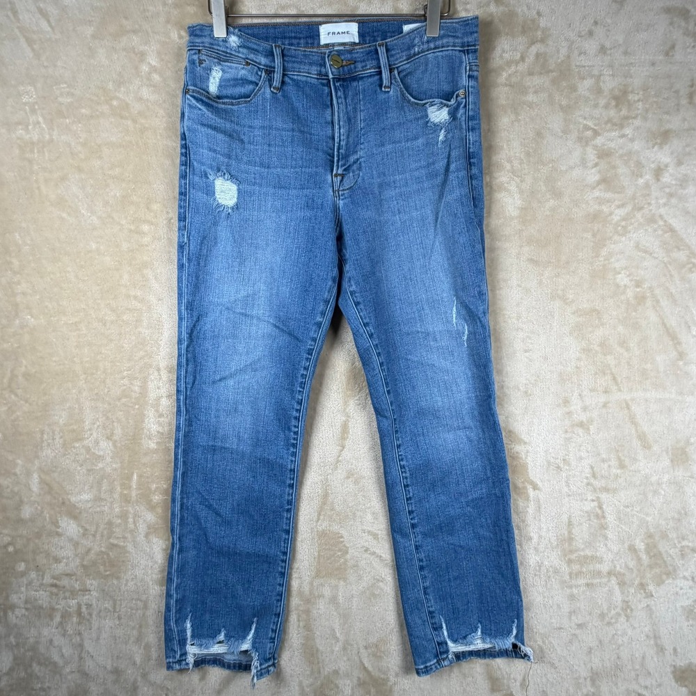 FRAME Le High Straight Jeans Laskey Rips Blue Distressed Raw Hem Size 31 Ankle
